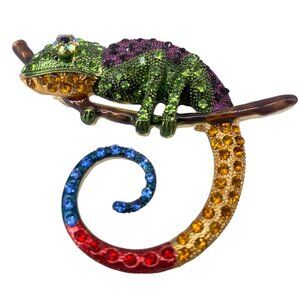 CHAMELEON BROOCH Pin Pendant Rhinestone Green Head Enamel Lizard Costume Jewelry